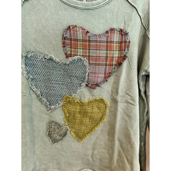 Mottoshop Heart Patchwork Long Sleeve Olive Green Distressed Crew Neck Top - Picture 4 of 8